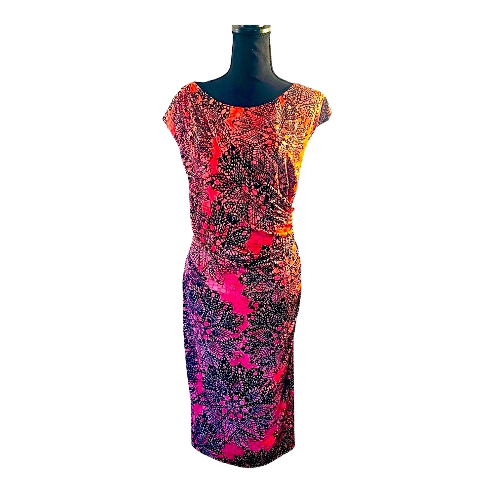 Connected Apparel Faux Wrap Midi Dress Size 16. Color - Orangish Black Pattern - Picture 3 of 7